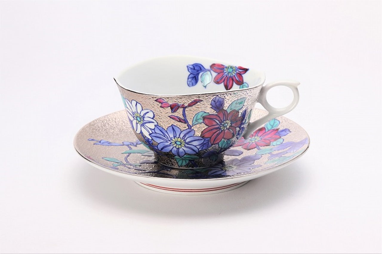 カフェ用品 「コーヒー碗 プラチナ 鉄仙花 木箱付」 金龍窯 江口天童 有田焼 陶磁器