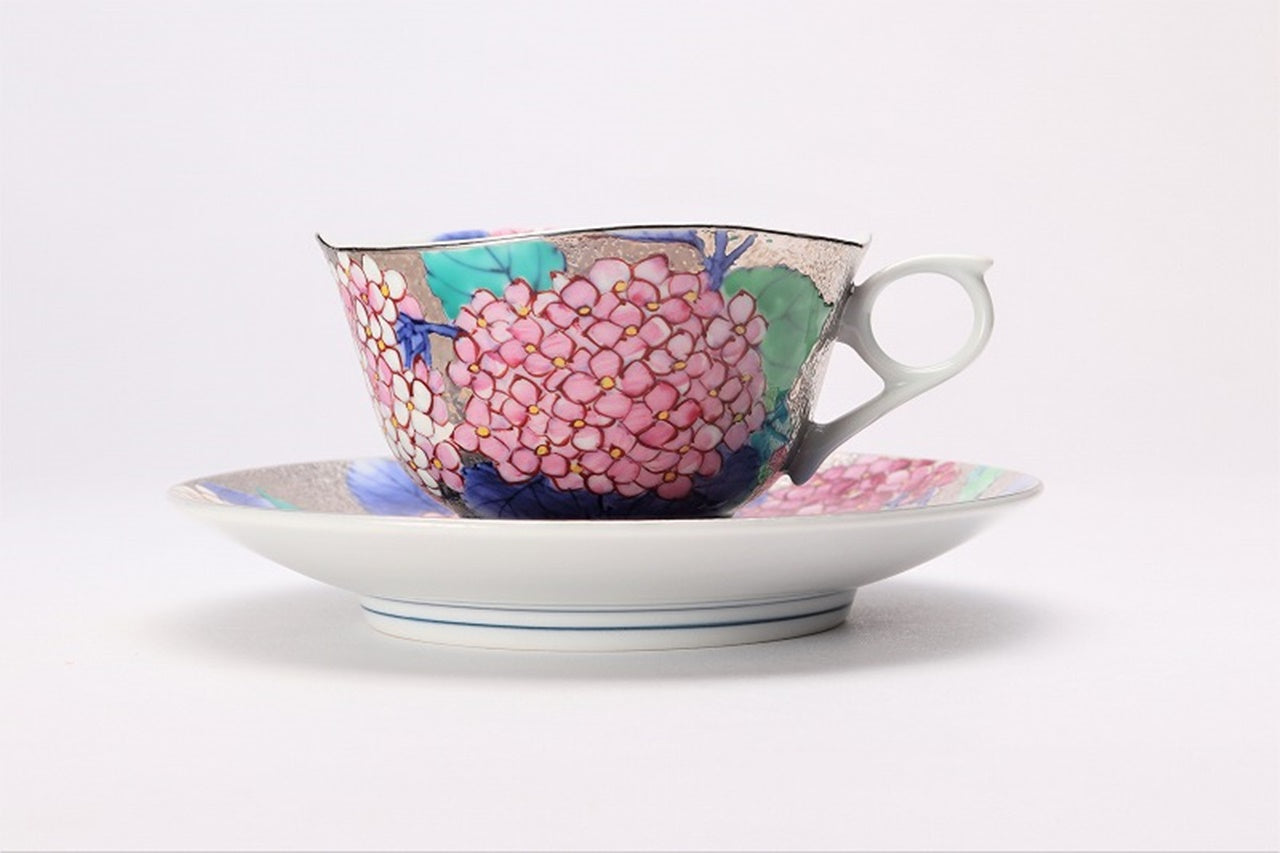 カフェ用品 「コーヒー碗 プラチナ 紫陽花 木箱付」 金龍窯 江口天童 有田焼 陶磁器