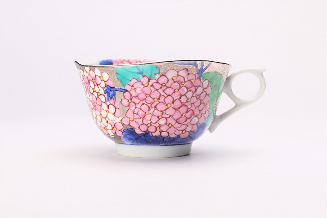 カフェ用品 「コーヒー碗 プラチナ 紫陽花 木箱付」 金龍窯 江口天童 有田焼 陶磁器