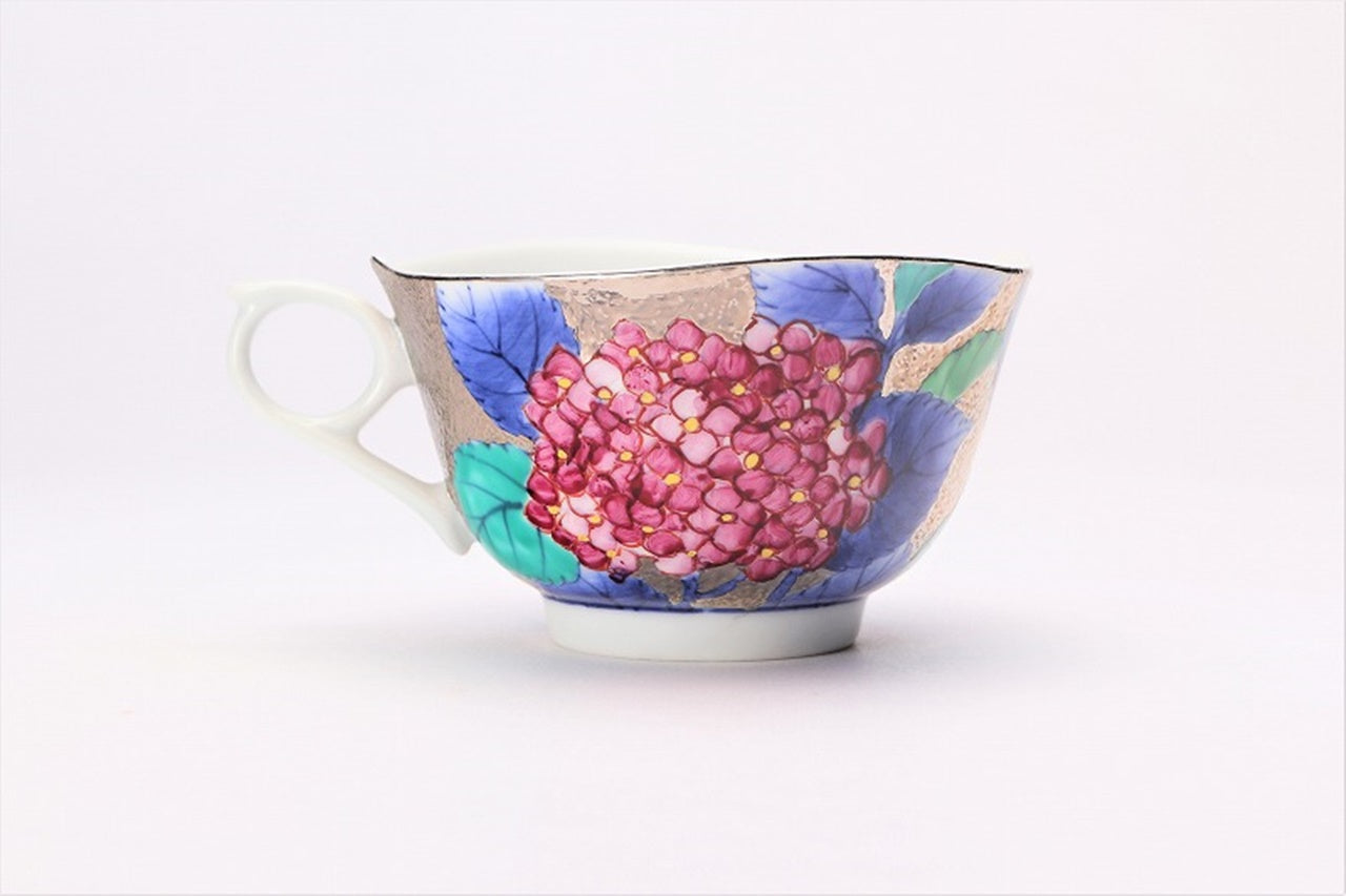 Cafe supplies, Coffee cup with wooden box, Platinum painting,Hydrangea - Kinryu-kiln, Tendo Eguchi, Arita ware, Ceramics