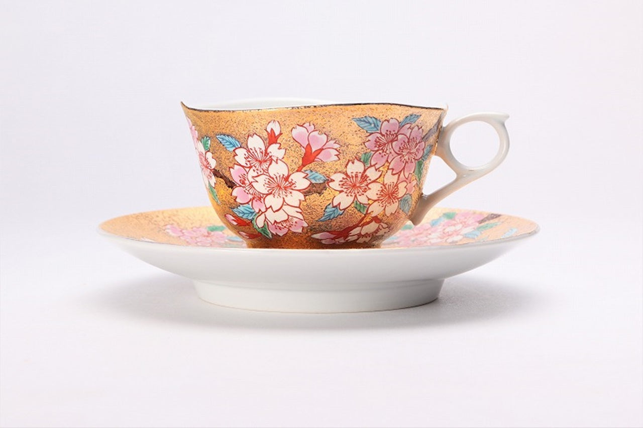 Cafe supplies, Coffee cup with wooden box, Gold painting, Cherry blossom - Kinryu-kiln, Tendo Eguchi, Arita ware, Ceramics