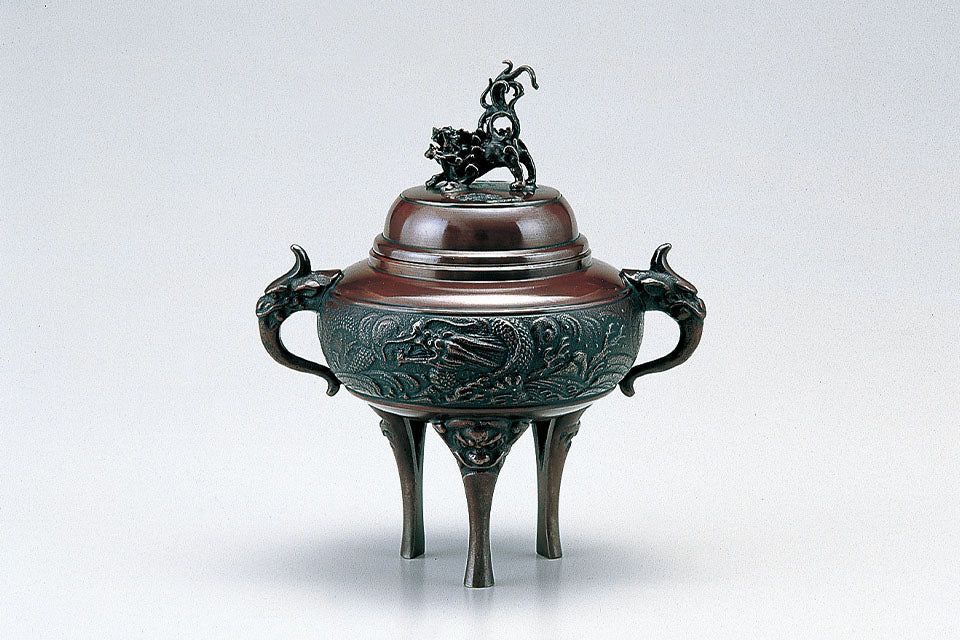 Ornament, Incense burner, Dragon design, Toku color, Small - Yoshihide Nousaku, Takaoka copperware, Metalwork