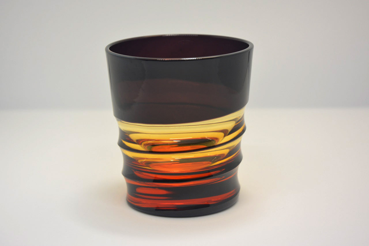 Drinking vessel, Old-fashioned glass, Hand-polished, Spiral, Amber - Hidetaka Shimizu, Edo kiriko cut glass