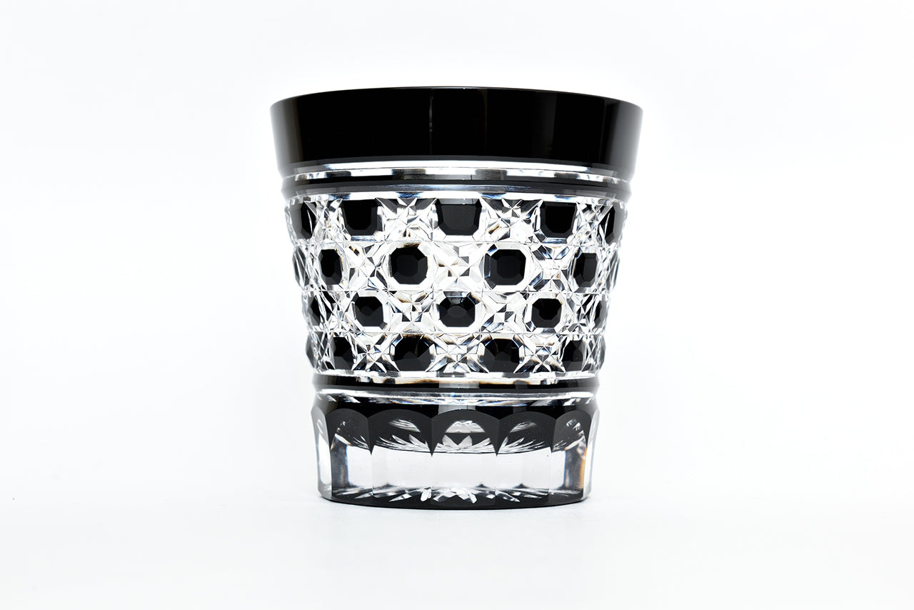 Drinking vessel, Old-fashioned glass, Octagonal woven bamboo pattern, Black - Hidetaka Shimizu, Edo kiriko cut glass