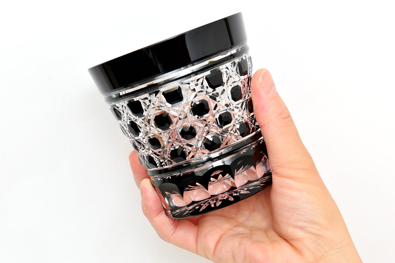 Drinking vessel, Old-fashioned glass, Octagonal woven bamboo pattern, Black - Hidetaka Shimizu, Edo kiriko cut glass