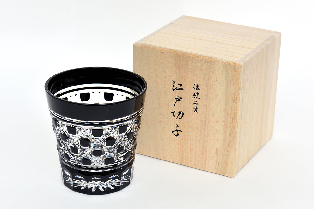 Drinking vessel, Old-fashioned glass, Octagonal woven bamboo pattern, Black - Hidetaka Shimizu, Edo kiriko cut glass