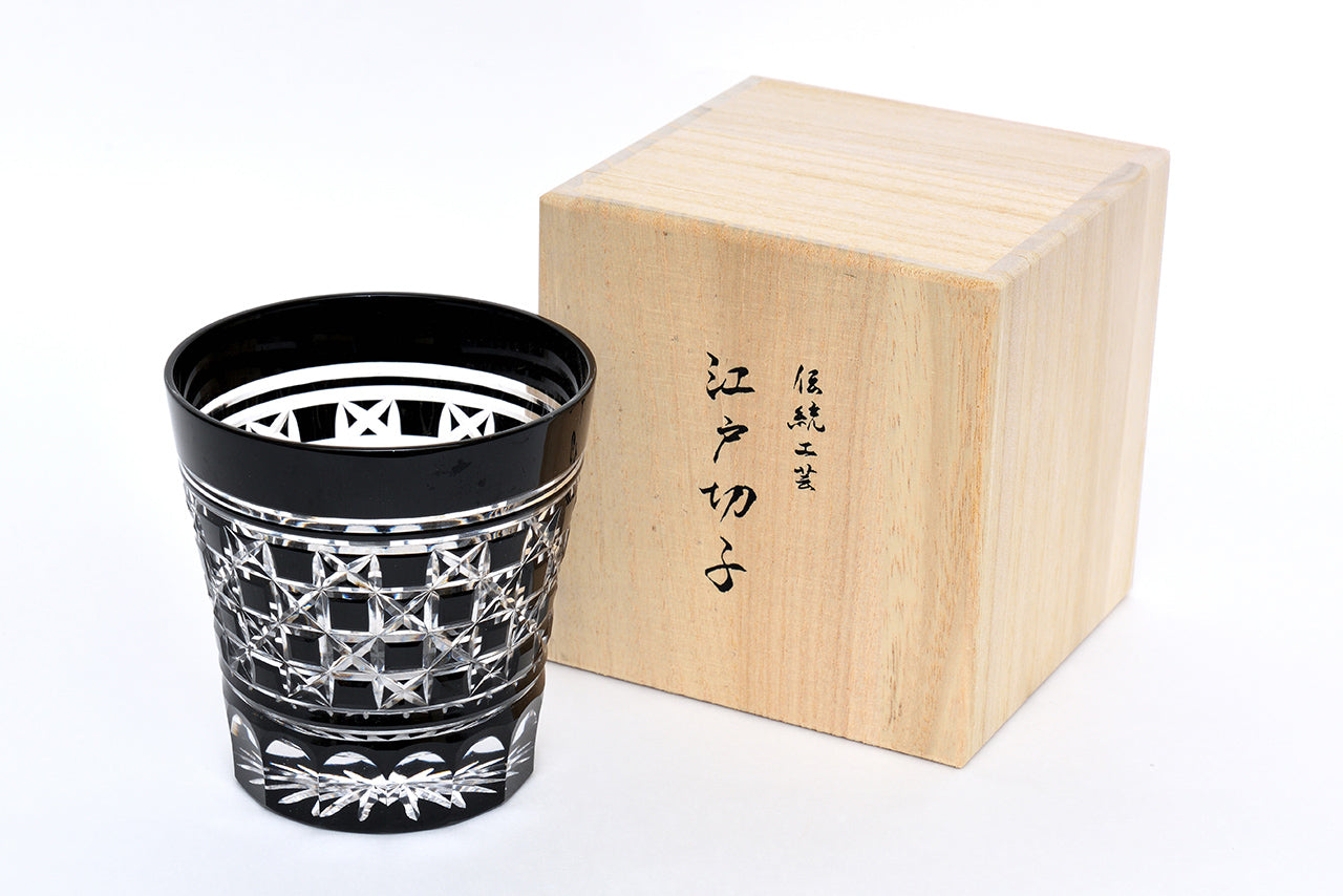 Drinking vessel, Old-fashioned glass, Hemp-leaf checkerboard, Black - Hidetaka Shimizu, Edo kiriko cut glass