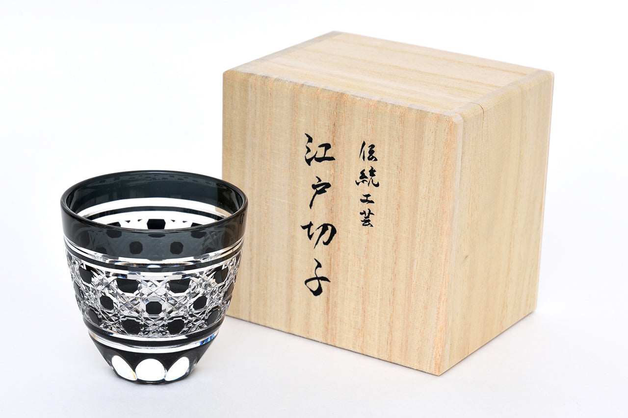 Drinking vessel, Large sake cup, Octagonal reticular, Black - Hidetaka Shimizu, Edo kiriko cut glass