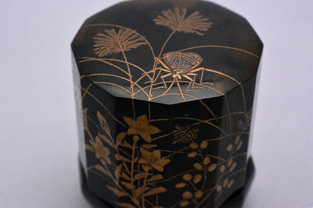 Tea ceremony utensils, Incense container, Black persimmon, Insect cage, Dodecagon - Sanao Matsuda, Echizen lacquerware