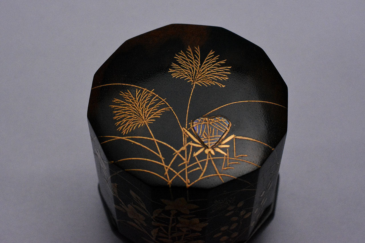 Tea ceremony utensils, Incense container, Black persimmon, Insect cage, Dodecagon - Sanao Matsuda, Echizen lacquerware