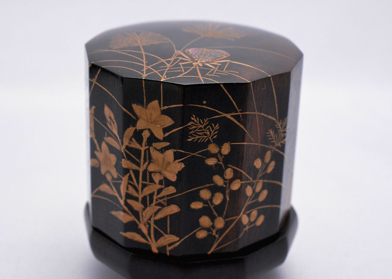 Tea ceremony utensils, Incense container, Black persimmon, Insect cage, Dodecagon - Sanao Matsuda, Echizen lacquerware