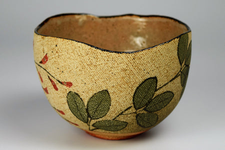 Tea ceremony utensils, Matcha tea bowl, Cloth pattern, Bush clover - Motohiko Ito, Kasama ware, Ceramics