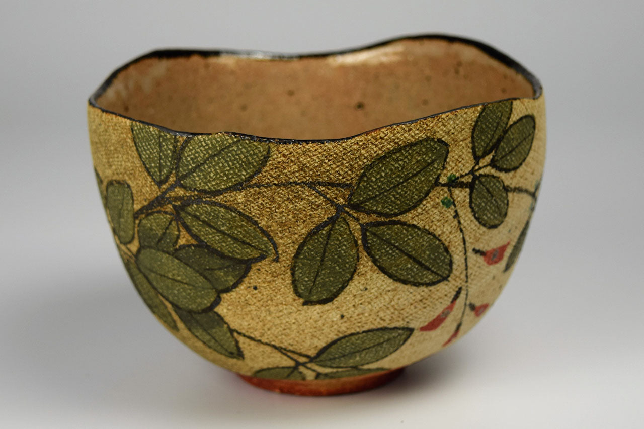 Tea ceremony utensils, Matcha tea bowl, Cloth pattern, Bush clover - Motohiko Ito, Kasama ware, Ceramics