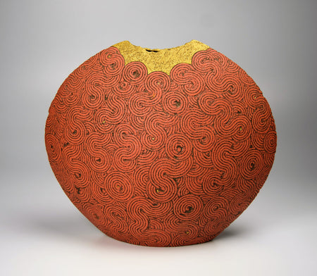 Flower vessel, Vase, Red curved design pottery, Medium - Satoshi Uetake, Kasama ware, Ceramics