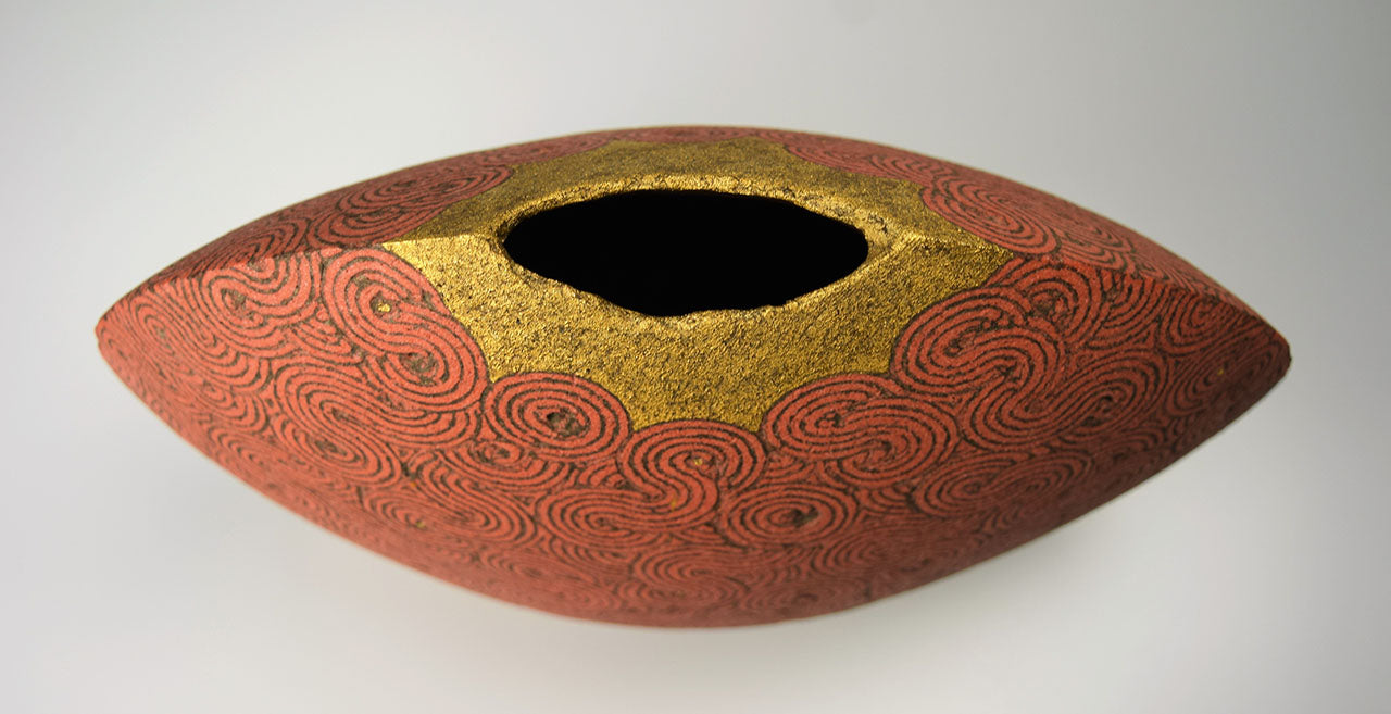 Flower vessel, Vase, Red curved design pottery, Medium - Satoshi Uetake, Kasama ware, Ceramics