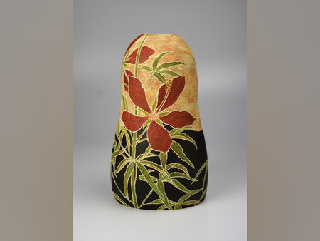 Flower vessel, Pot, Autumn leaves and hollyhock - Hiroyuki Onuki, Kasama ware, Ceramics