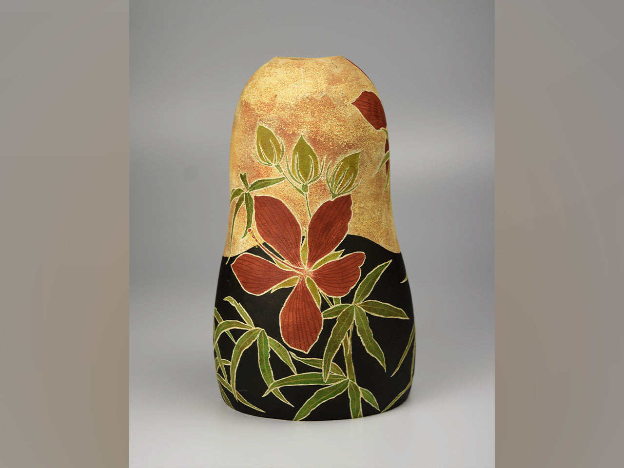 Flower vessel, Pot, Autumn leaves and hollyhock - Hiroyuki Onuki, Kasama ware, Ceramics