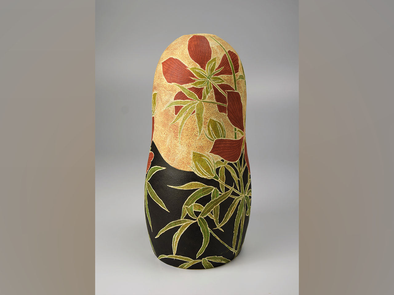 Flower vessel, Pot, Autumn leaves and hollyhock - Hiroyuki Onuki, Kasama ware, Ceramics