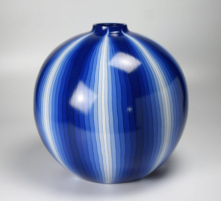 Flower vessel, Pot, Muku ash glazed, Kneading technique, Line design, Ultramarine - Koyo Matsui, Kasama ware, Ceramics