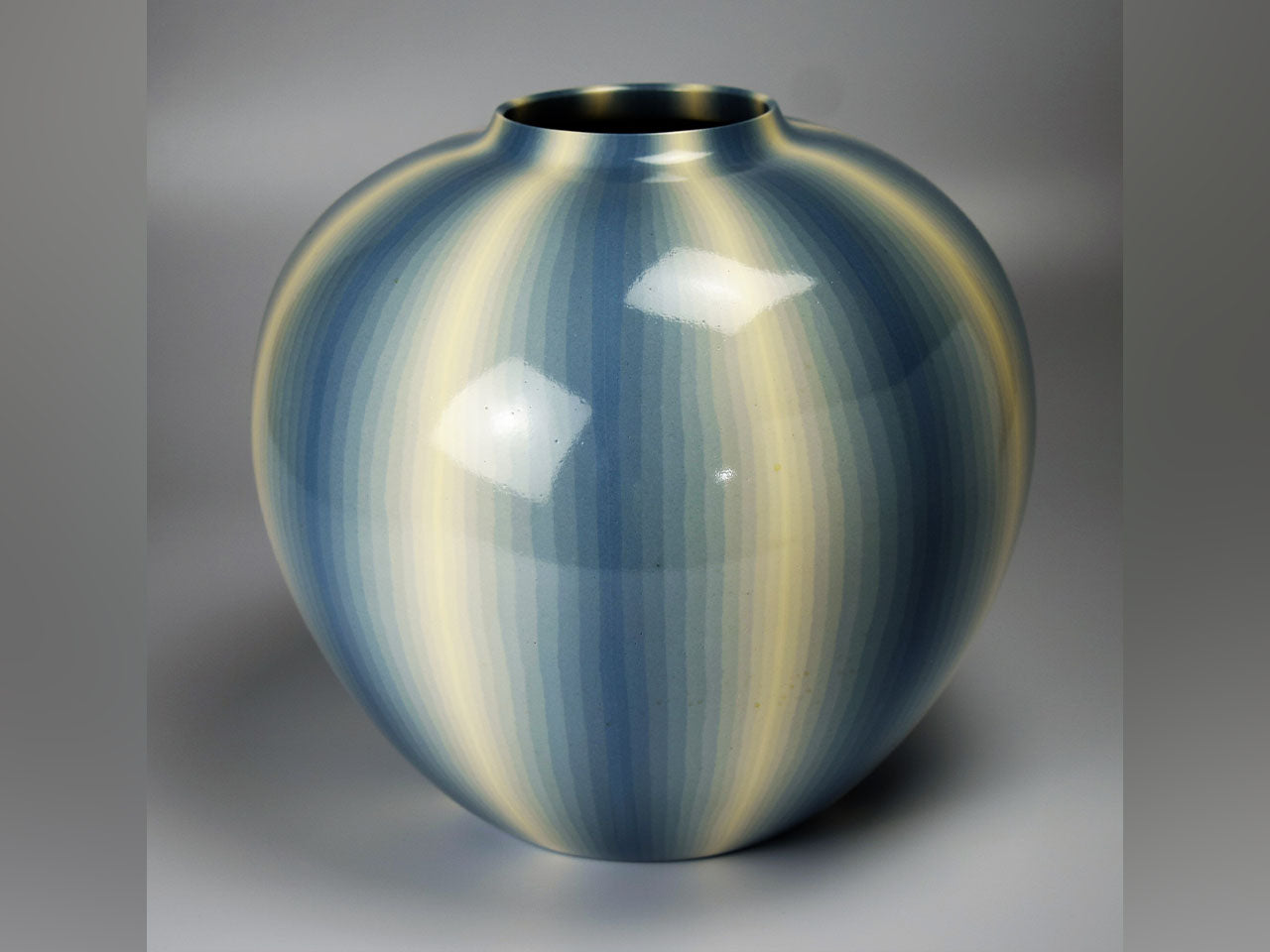 Flower vessel, Pot, Muku ash glazed, Kneading technique, Line design, Light aqua - Koyo Matsui, Kasama ware, Ceramics