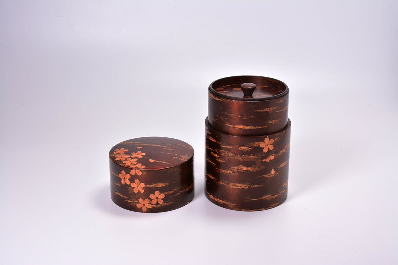 Tea supplies, Full-bark tea caddy, Brizzard of cherry blossom, Large - Akita cherry bark work, Wood crafts