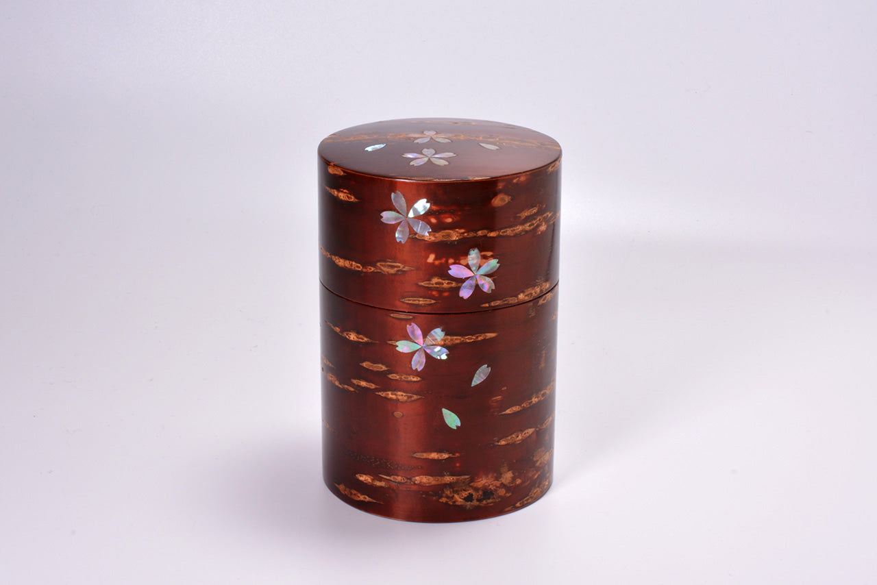 Tea supplies, Full-bark tea caddy, Mother of pearl inlay, Large - Akita cherry bark work, Wood crafts