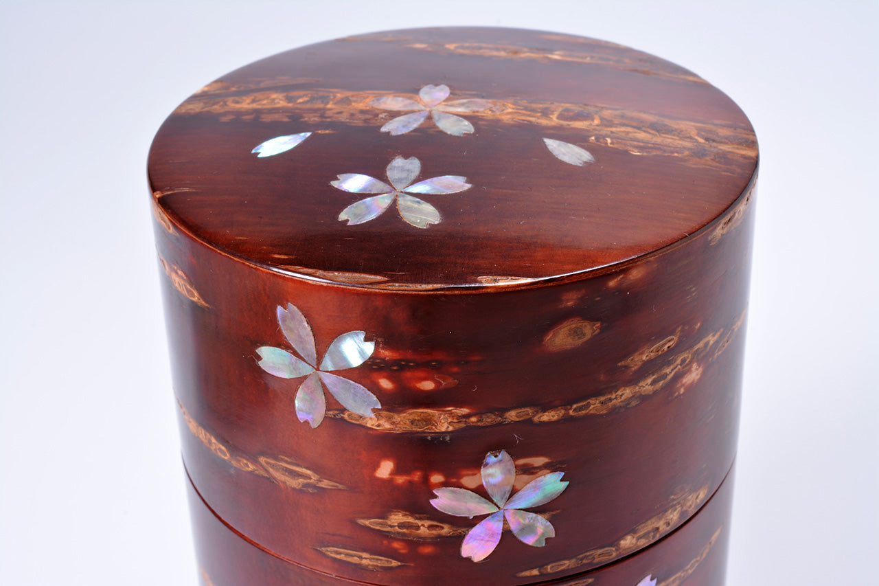 Tea supplies, Full-bark tea caddy, Mother of pearl inlay, Large - Akita cherry bark work, Wood crafts