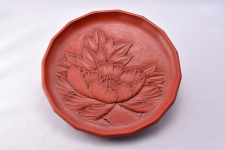 Table accesaries, Flower shape tray, Peony carving, 7-sun size - Toshiki Ozono, Kamakura carved lacquerware