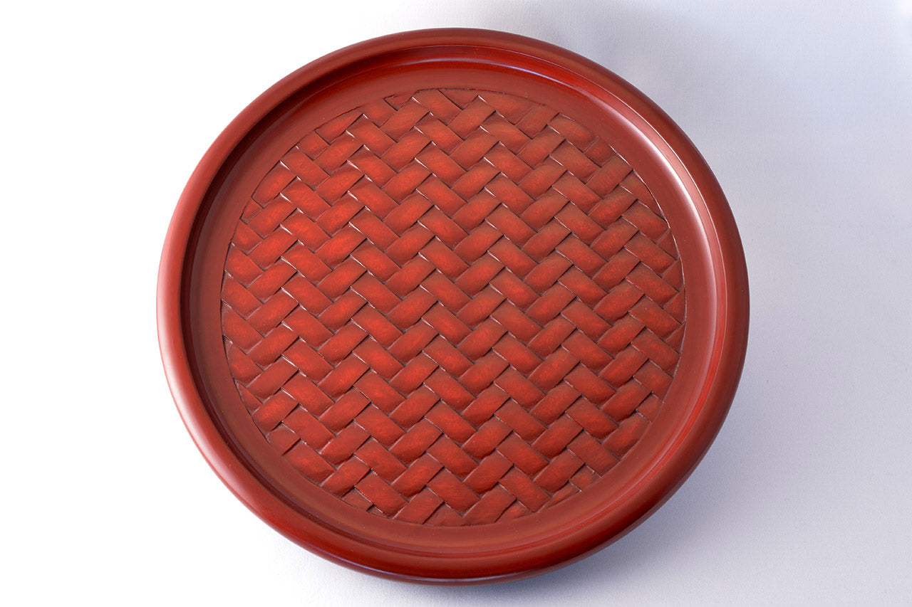 Table accesaries, Round tray, Ajiro-mesh carving, 8-sun size - Toshiki Ozono, Kamakura carved lacquerware