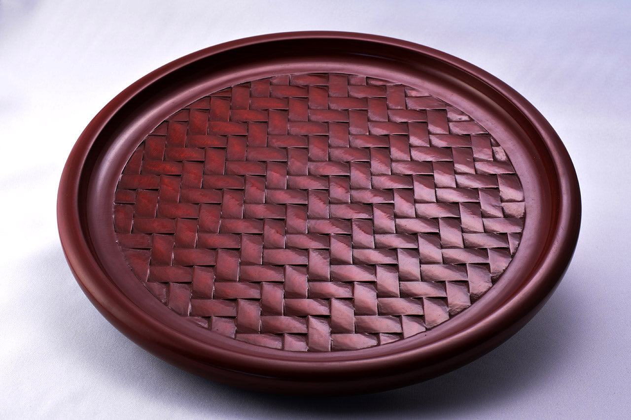 Table accesaries, Round tray, Ajiro-mesh carving, 8-sun size - Toshiki Ozono, Kamakura carved lacquerware