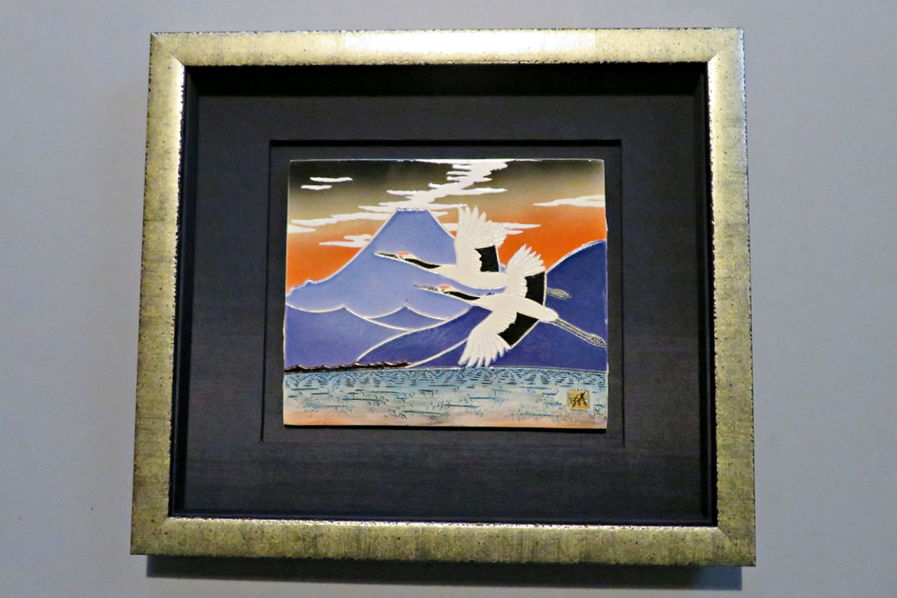 Ornament, Ceramic panel painting, Carved and colored glaze, Morning Glow Mt. Fuji and Twin Cranes, Hand-drawn - Yoshihiro Yamaguchi, Kutani ware, Ceramics