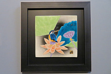 Ornament, Ceramic panel painting, Lotus and kingfisher, Hand-drawn - Yoshihiro Yamaguchi, Kutani ware, Ceramics