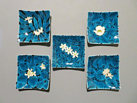 Tableware, Small squar plates, Blue type, Flower, Hand-drawn, 5pcs - Yoshihiro Yamaguchi, Kutani ware, Ceramics