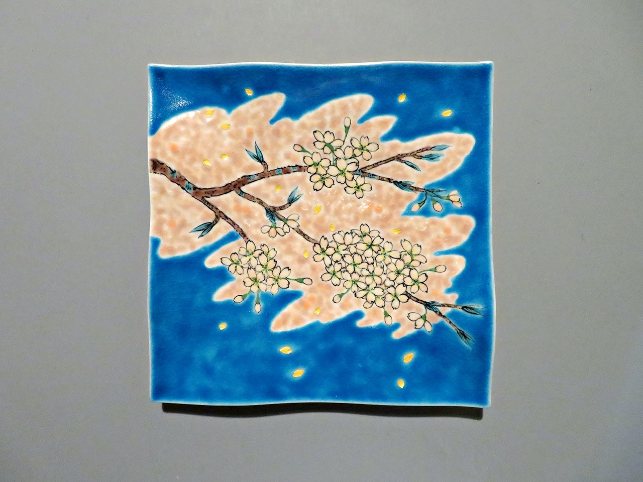 Tableware, Squar plate, Blue glaze, Cherry blossom, Hand-drawn - Yoshihiro Yamaguchi Kutani ware Ceramics