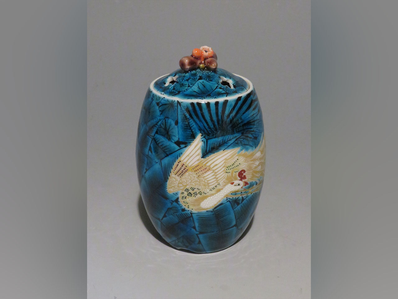 Ornament, Incense burner, Blue type, Gold painting, Phoenix, Hand-drawn - Yoshihiro Yamaguchi, Kutani ware, Ceramics