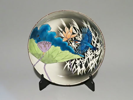 Ornament, Decorative plate, Fukizumi colored glaze, Lotus and kingfisher, Hand-drawn - Yoshihiro Yamaguchi, Kutani ware, Ceramics