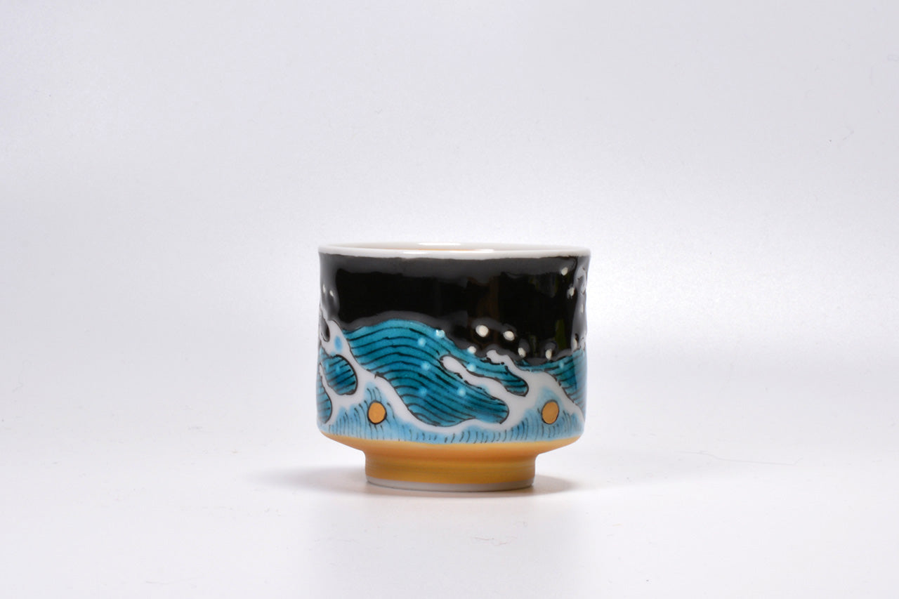 Drinking vessel, Large sake cup, Black glazed, Wave, Hand-drawn - Yoshihiro Yamaguchi, Kutani ware, Ceramics