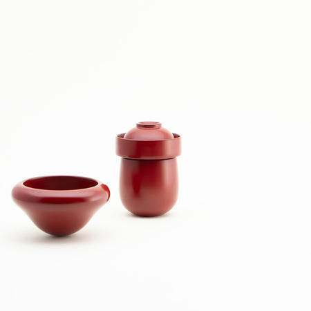 Drinking vessel, Mushroom container, includes 5 sake cups and 1 dice - Kawatsura lacquerware