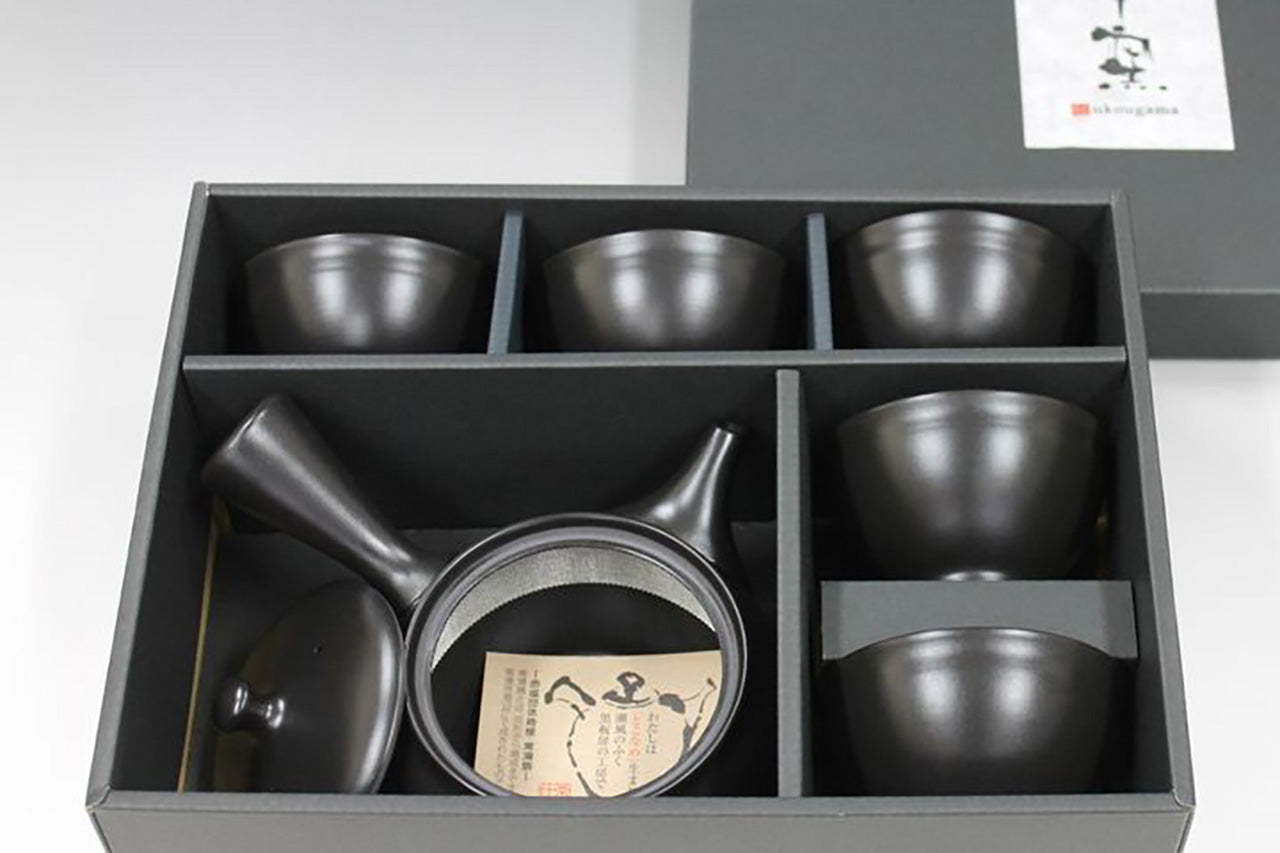 Tea supplies, Kyusu teapot, Black kiln-change, Set of 5 cups - Ukou-kiln, Tokoname ware, Ceramics