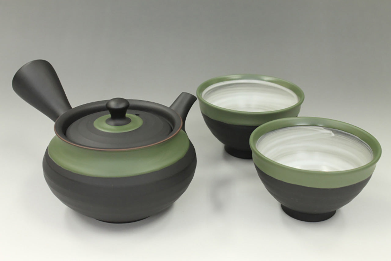 Tea supplies, Kyusu teapot, Black kiln-change, Fuku shape, Green scarf, Set of 2 cups - Ukou-kiln, Tokoname ware, Ceramics