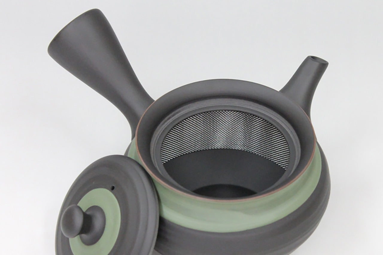 Tea supplies, Kyusu teapot, Black kiln-change, Fuku shape, Green scarf, Set of 2 cups - Ukou-kiln, Tokoname ware, Ceramics