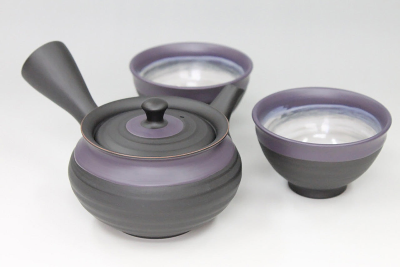 Tea supplies, Kyusu teapot, Black kiln-change, Fuku shape, Purple scarf, Set of 2 cups - Ukou-kiln, Award-winning work, Tokoname ware, Ceramics