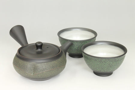 茶具 黑窯變畚形綠中帶急須茶壺 茶杯2客套裝 宇幸窯 常滑燒 陶瓷器