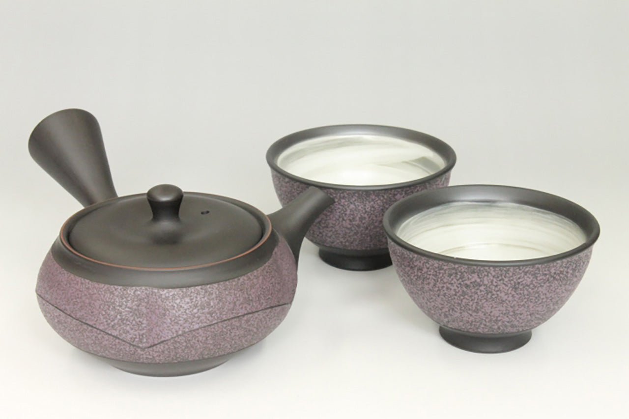 Tea supplies, Kyusu teapot, Black kiln-change, Mokko shape, Pruple belt, Set of 2 cups - Ukou-kiln, Tokoname ware, Ceramics