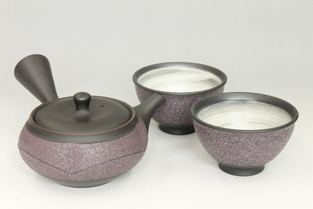 Tea supplies, Kyusu teapot, Black kiln-change, Mokko shape, Pruple belt, Set of 2 cups - Ukou-kiln, Tokoname ware, Ceramics