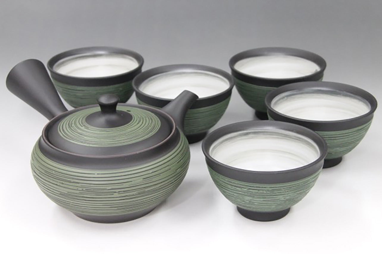 Tea supplies, Kyusu teapot, Black kiln-change, Green brush mark, Set of 5 cups - Ukou-kiln, Tokoname ware, Ceramics