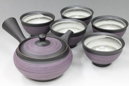 Tea supplies, Kyusu teapot, Black kiln-change, Purple brush mark, Set of 5 cups - Ukou-kiln, Tokoname ware, Ceramics