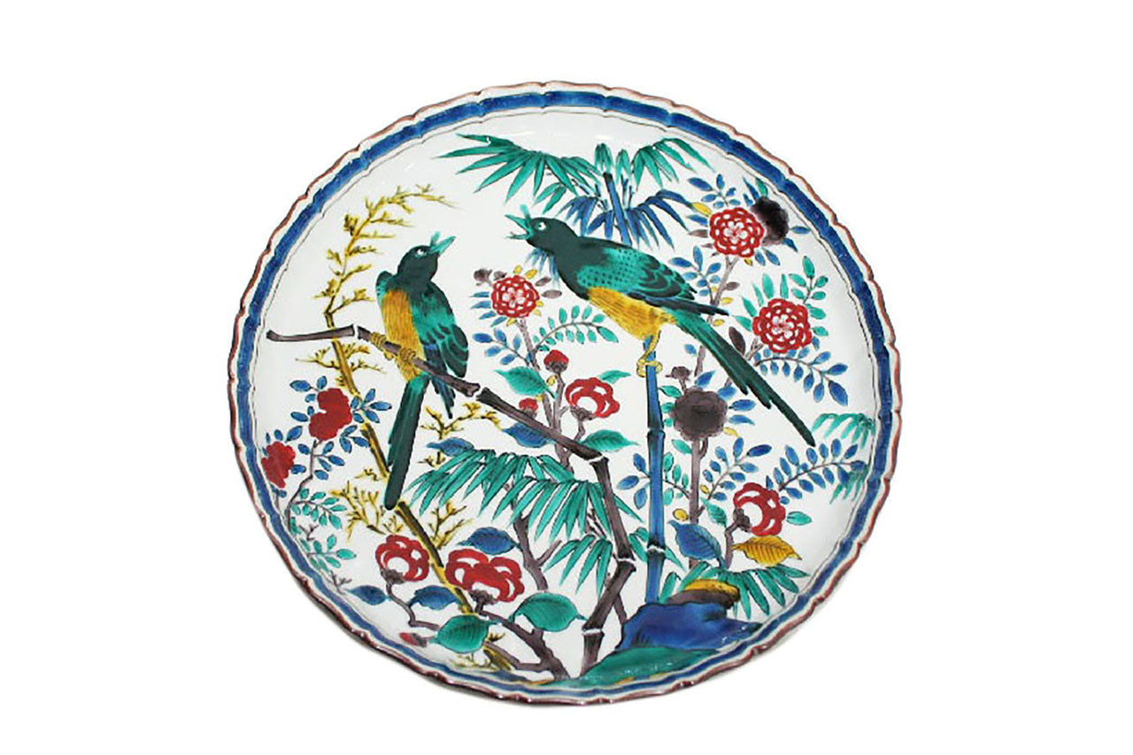 Ornament, Decorative plate, Crested myna pattern, Hand-drawn, Large, Yuzo Yamagishi - Kutani Bitouen, Eisyou Teramae, Kutani ware, Ceramics