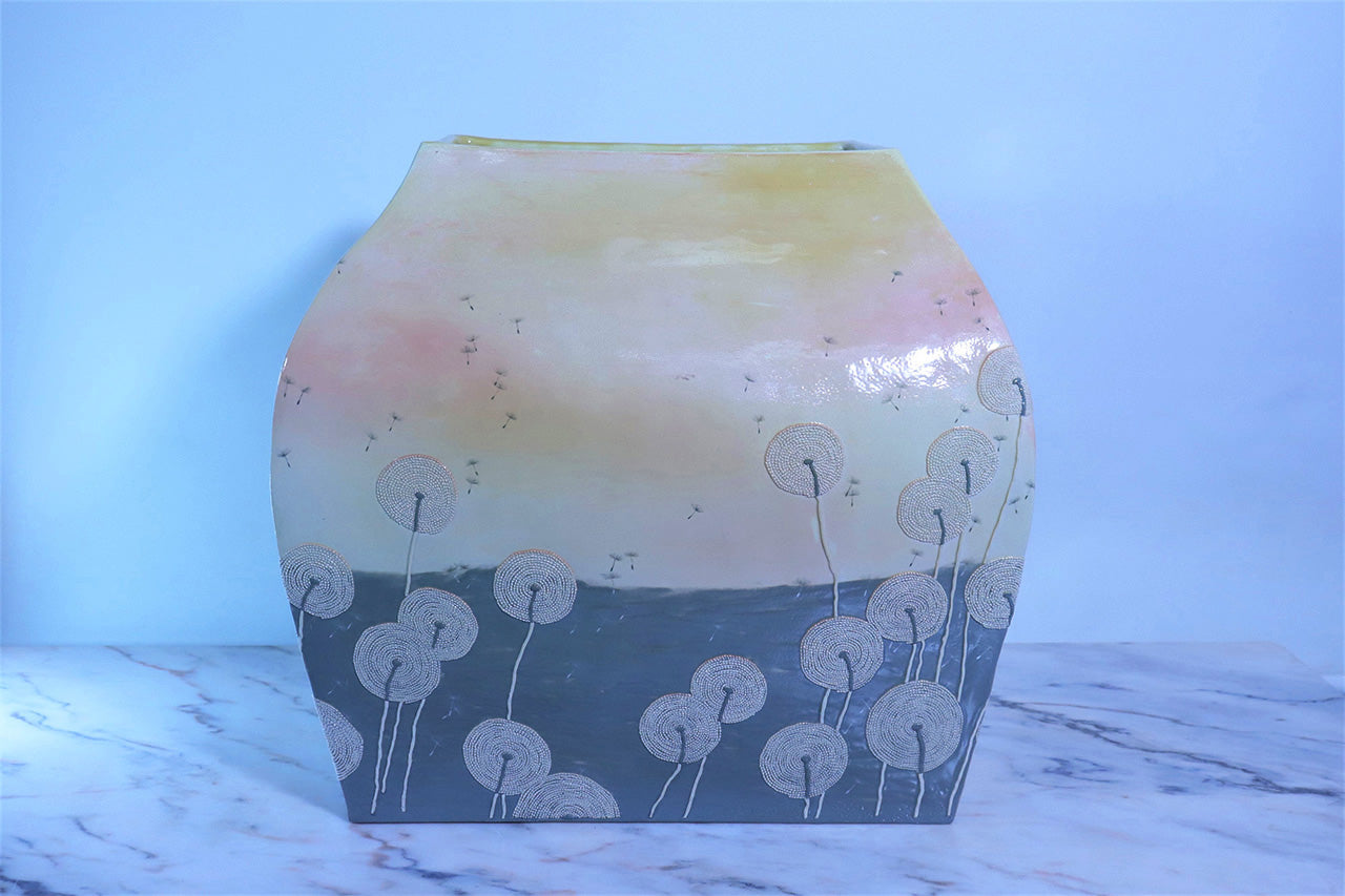 Flower vessel, ４ sided vase, Shiki-shoku-joumon, Large - Yume Kobayashi, Kasama ware, Ceramics