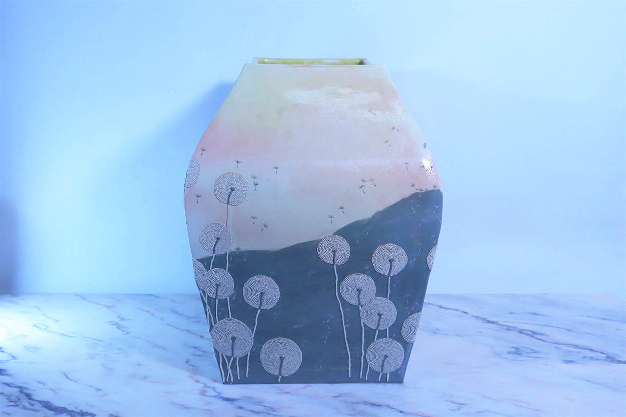 Flower vessel, ４ sided vase, Shiki-shoku-joumon, Large - Yume Kobayashi, Kasama ware, Ceramics